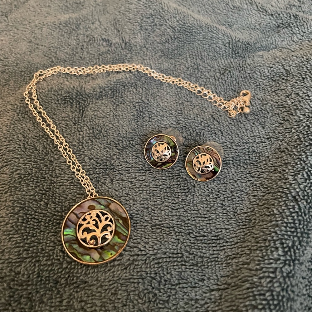 Silver Tree of Life Abalone Pendant Necklace and Stud Earrings - Green Accent